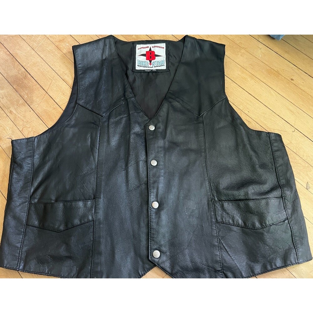 Bike Star Men Size 3XL Black Genuine Leather Biker Apparel Snap Close Vest